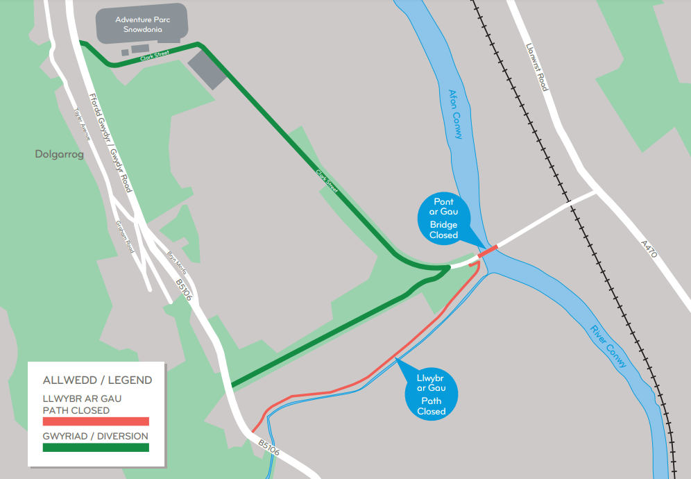 Dolgarrog - footpath closure map