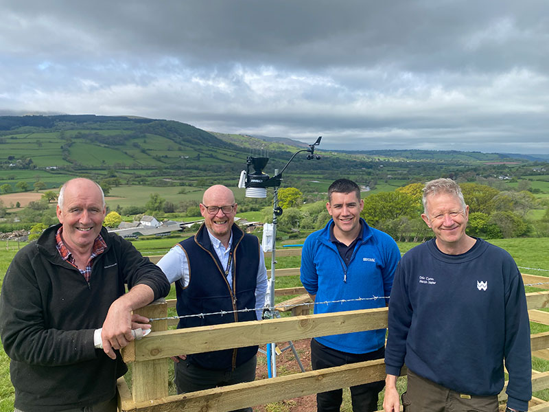 Installation of weather station on Richard Roderick' farm: Richard Roderick farmer, John Owen & Iwan Jones from the Agricultural Research Centre at Gelli Aur College and Nigel Elgar 